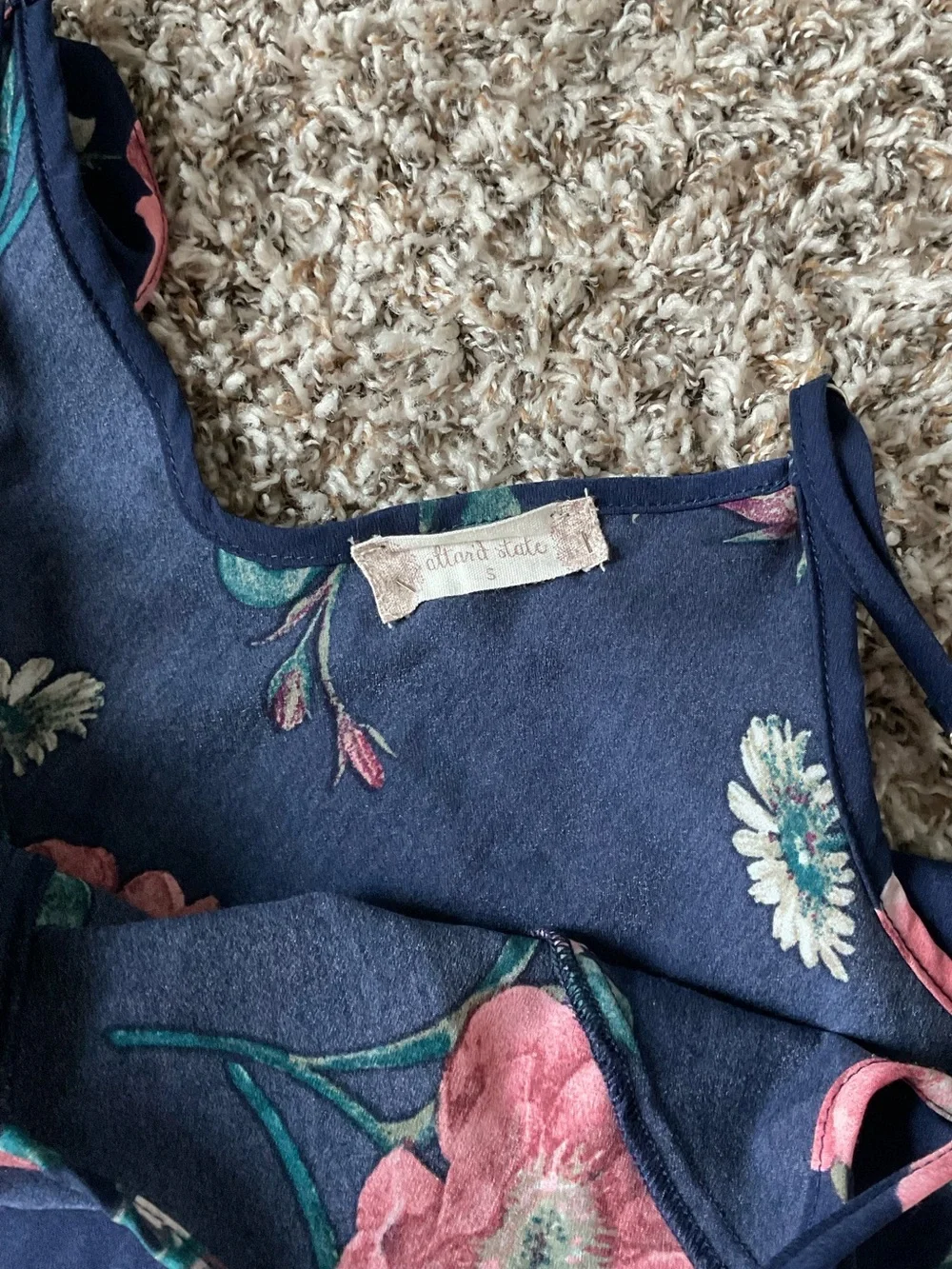 Altar'd State Floral Maxi Dress S Navy Ruffle Boho Button Top Sorority Rush Fest
